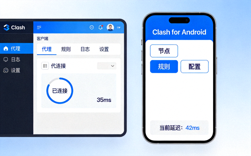 Clash客户端在电脑和手机上的界面展示图